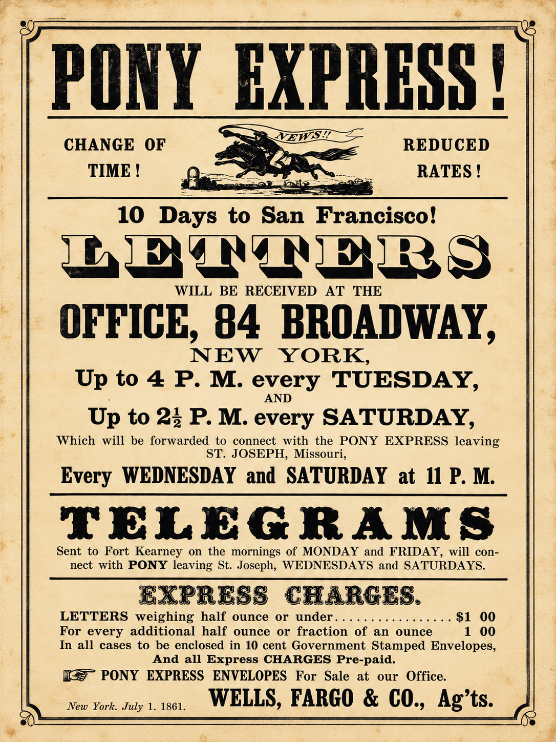 1861 Pony Express Wells Fargo advertising broadside announcing ten-day delivery to San Francisco, reduced rates and New York mail collection schedules.