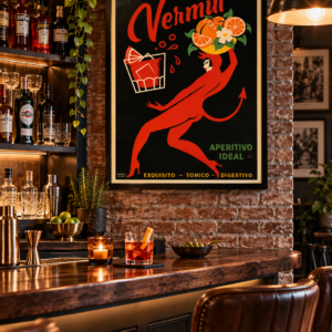 Vintage Italian cocktail poster with a glamorous red devil-like woman, oranges and a vermouth glass on a black background, displayed in a black frame on a loft brick wall.