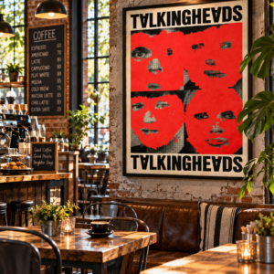 Talking Heads Once in a Lifetime 1980 music poster with red and black fragmented facial artwork and bold Talking Heads lettering.